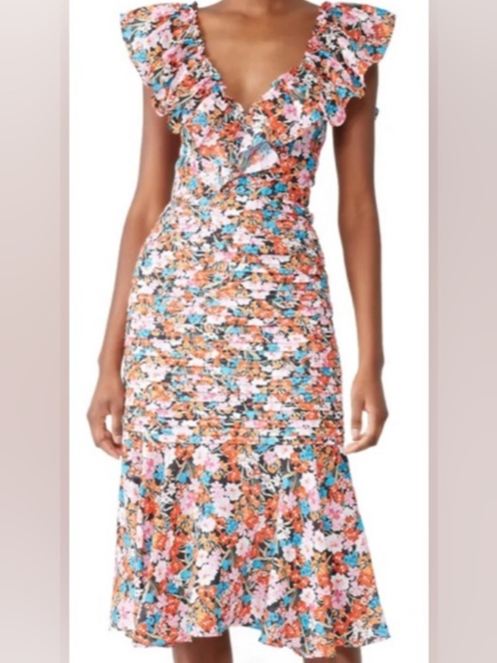 LA MAISON TALULAH Floral Ruffle V-Neck Midi Dress in Orange, Pink & Blue: M